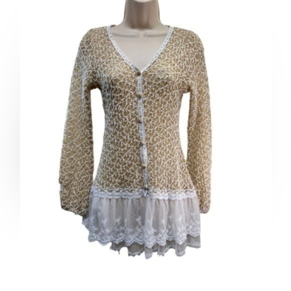 Anthropologie a’reve Pepblem style cream tan white knit crochet top